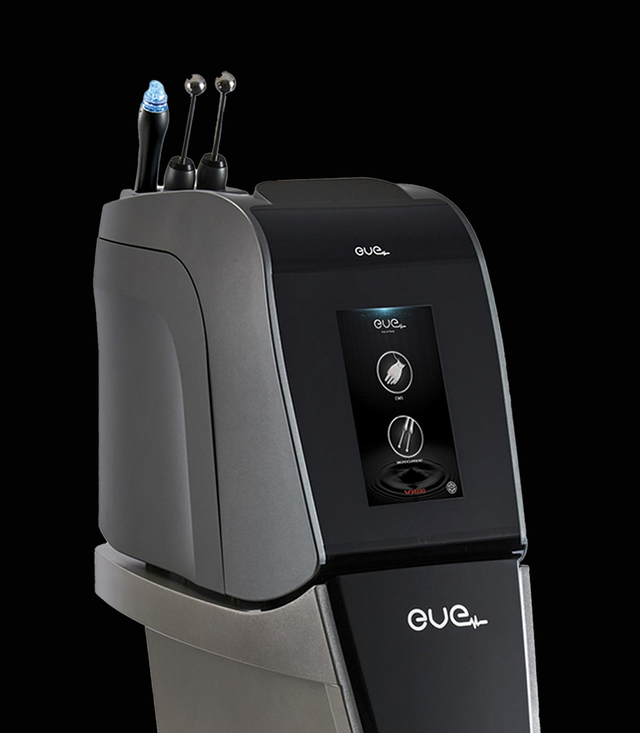 Medical device with touchscreen and specialized attachments.