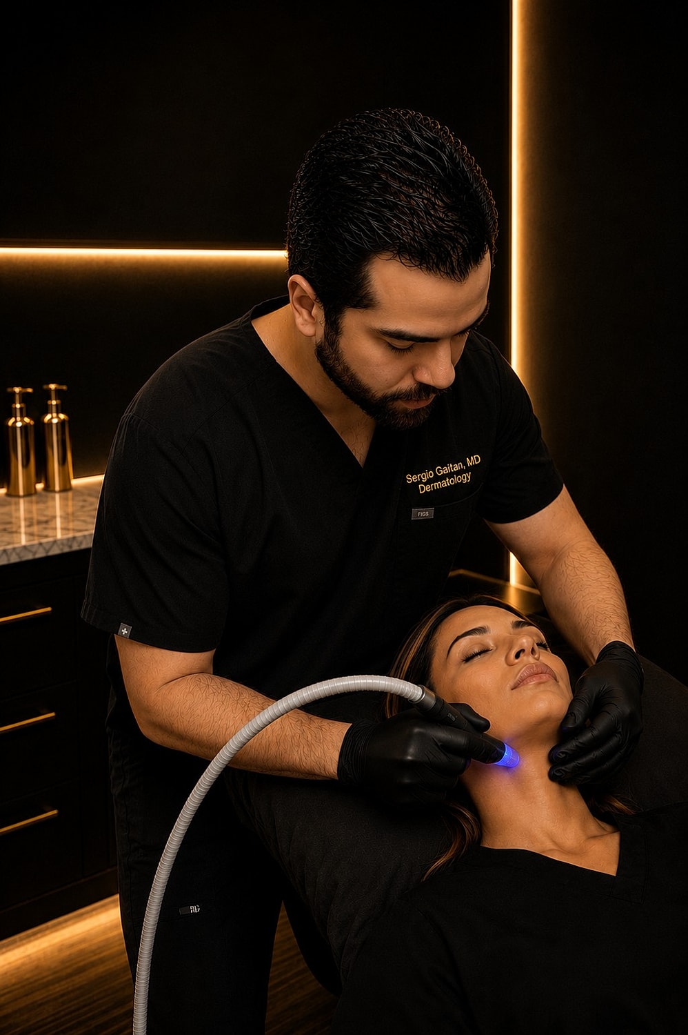 Dermatologist performing skincare treatment on patient.