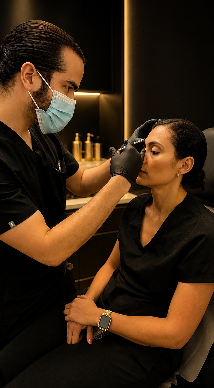 Medical professional performing cosmetic procedure on client.