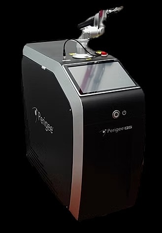 Medical laser device on a black background.