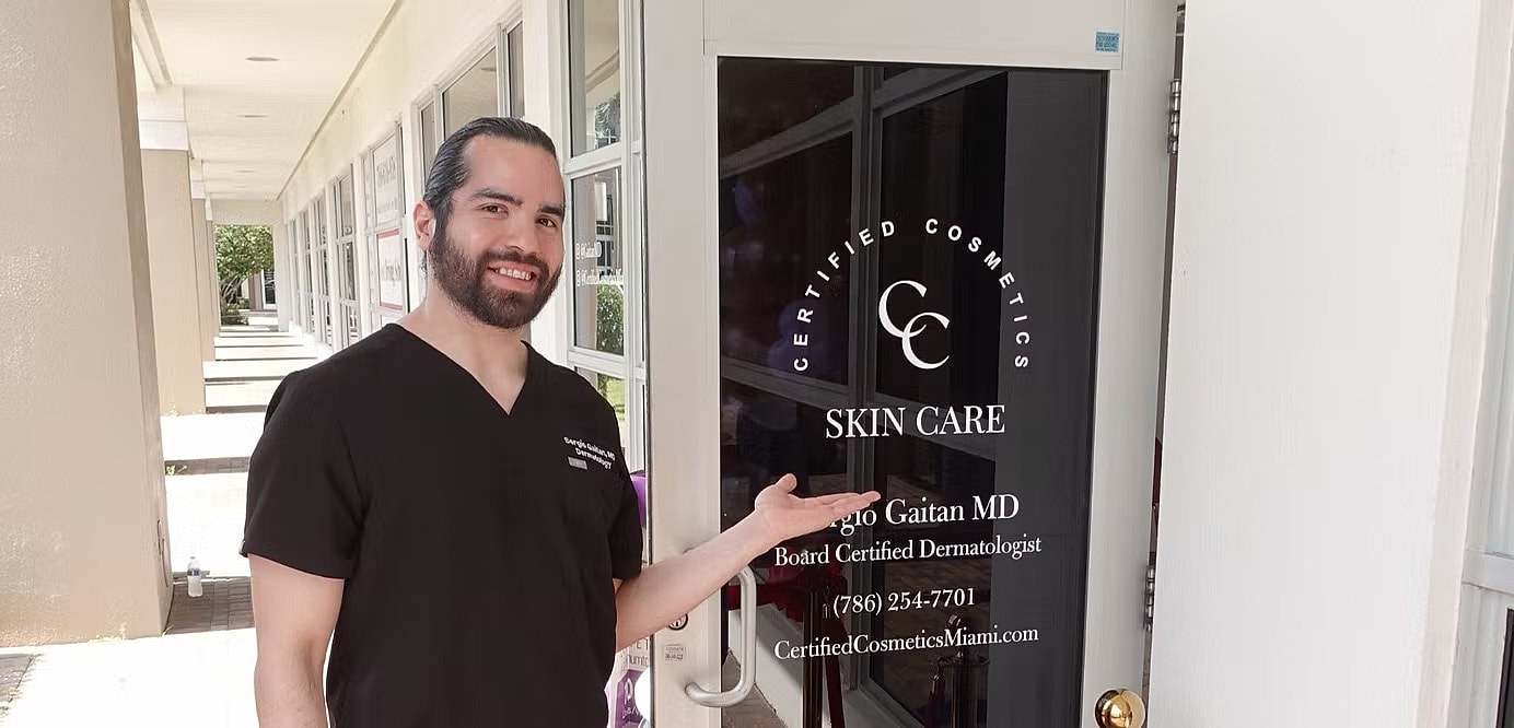 Dermatologist outside Certified Cosmetics skin care clinic.