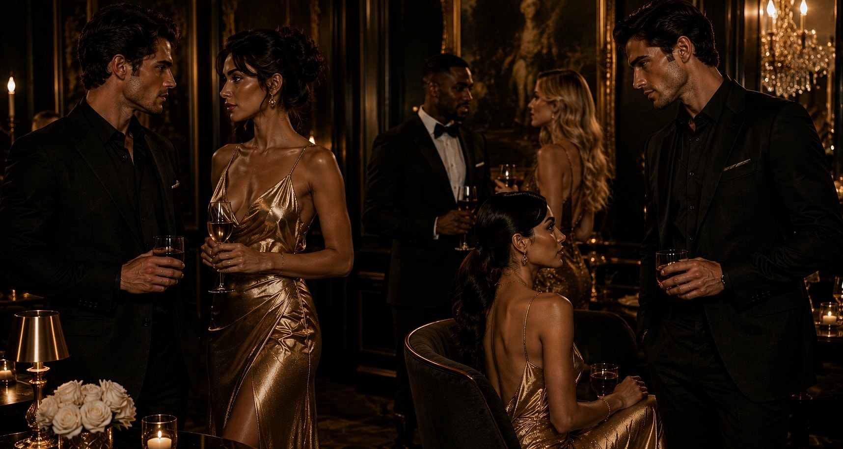 Elegant cocktail party with stylishly dressed couples.